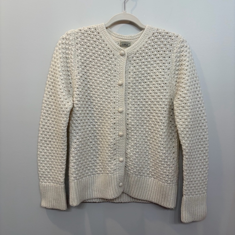 L.L. Bean Cardigan Women’s Size M Cream Textured Knit Button-Up casual